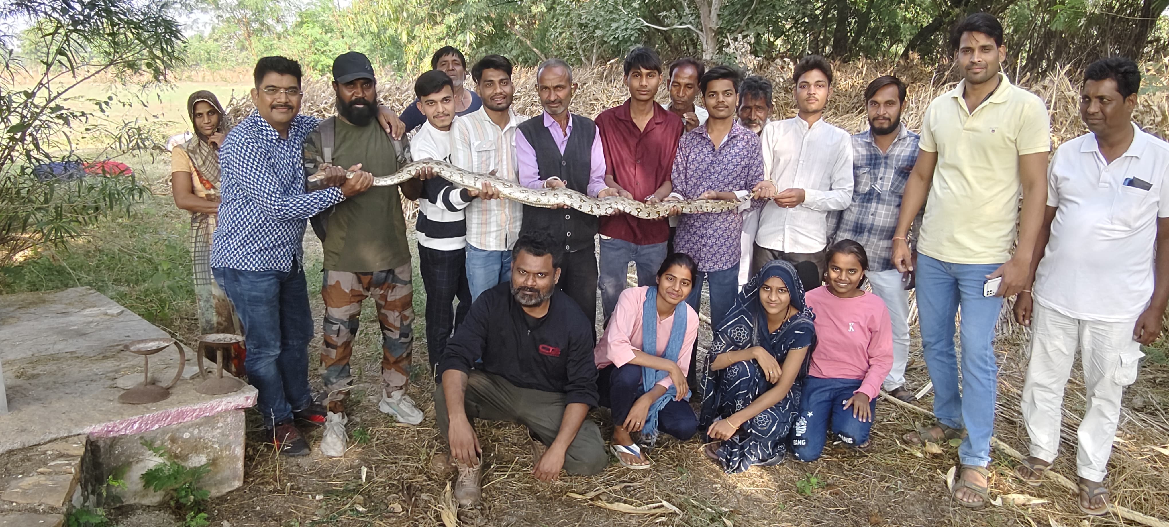 चित्तौड़गढ़ - सेफ्टी बेल्ट बांध कर रस्सी के सहारे 80 फीट गहरे कुएं में उतरा युवक, सात फीट लंबे इंडियन रॉक पायथन को बचाया